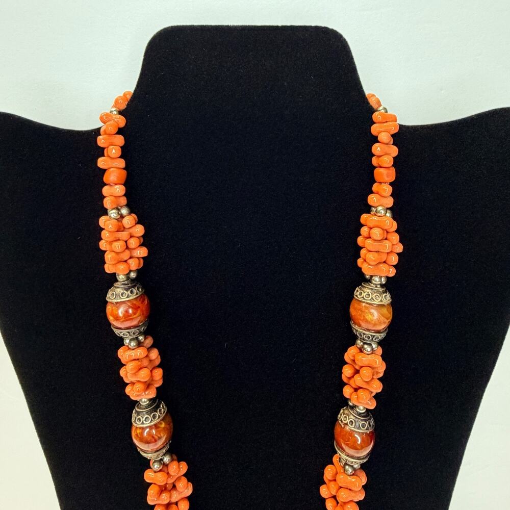 Vintage Tribal Faux Coral & Carnelian Statement Necklace | Boho Ethnic Beaded - Picture 6 of 14